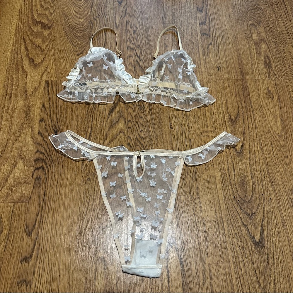 Le Petit Trou Sheer Lace Lingerie Set in Cream butterfly sexy high cut large